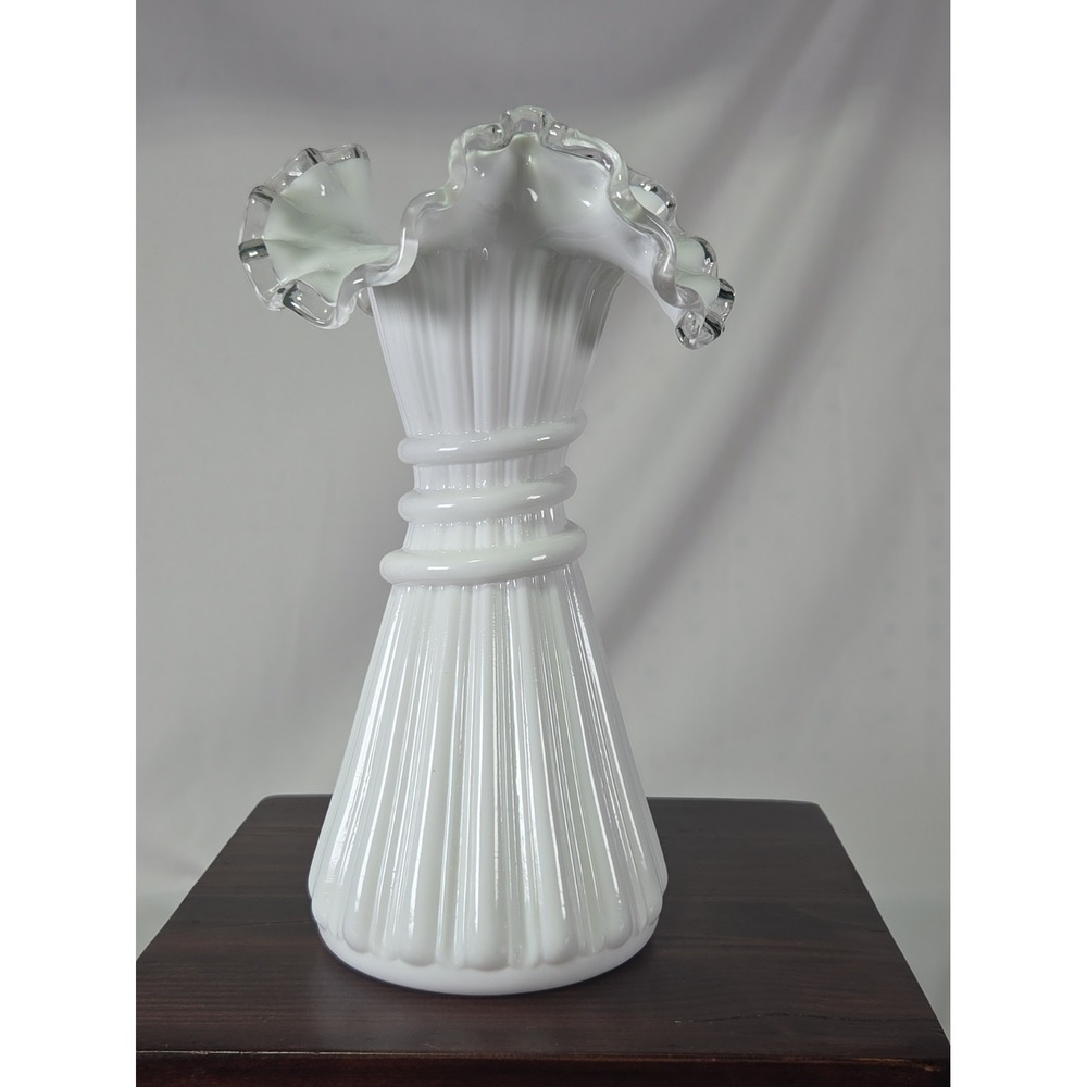 Fenton White Milk Glass Double Crimp Ruffled Wheat Vase 8" Vintage Bud Vase